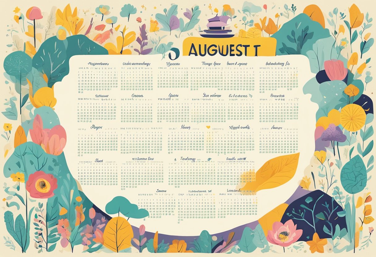 A calendar page with "August Quotes" written at the top, surrounded by colorful illustrations and a list of inspiring quotes from 26 to 50