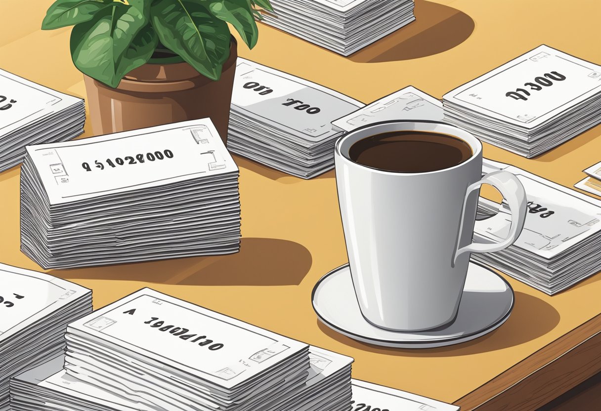 A stack of quote cards with numbers 76-100, arranged on a wooden table with a cup of coffee and a potted plant in the background