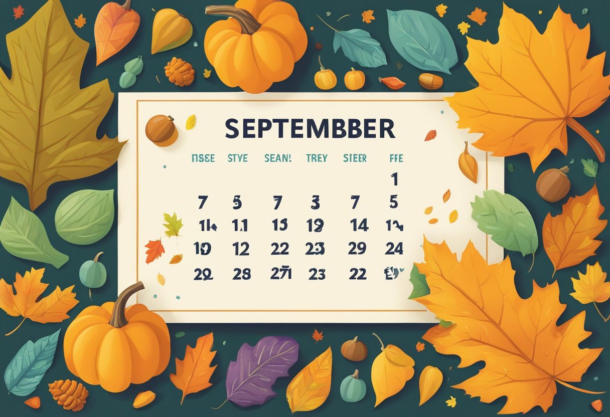 A calendar page with the heading "September Quotes" surrounded by colorful, fall-themed illustrations like leaves, pumpkins, and acorns