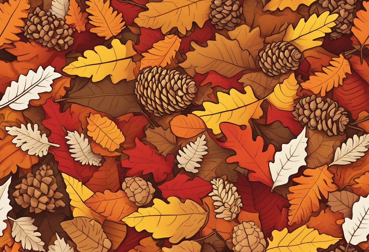 A pile of fallen leaves in various shades of red, yellow, and orange, scattered on the ground with a few acorns and pinecones mixed in