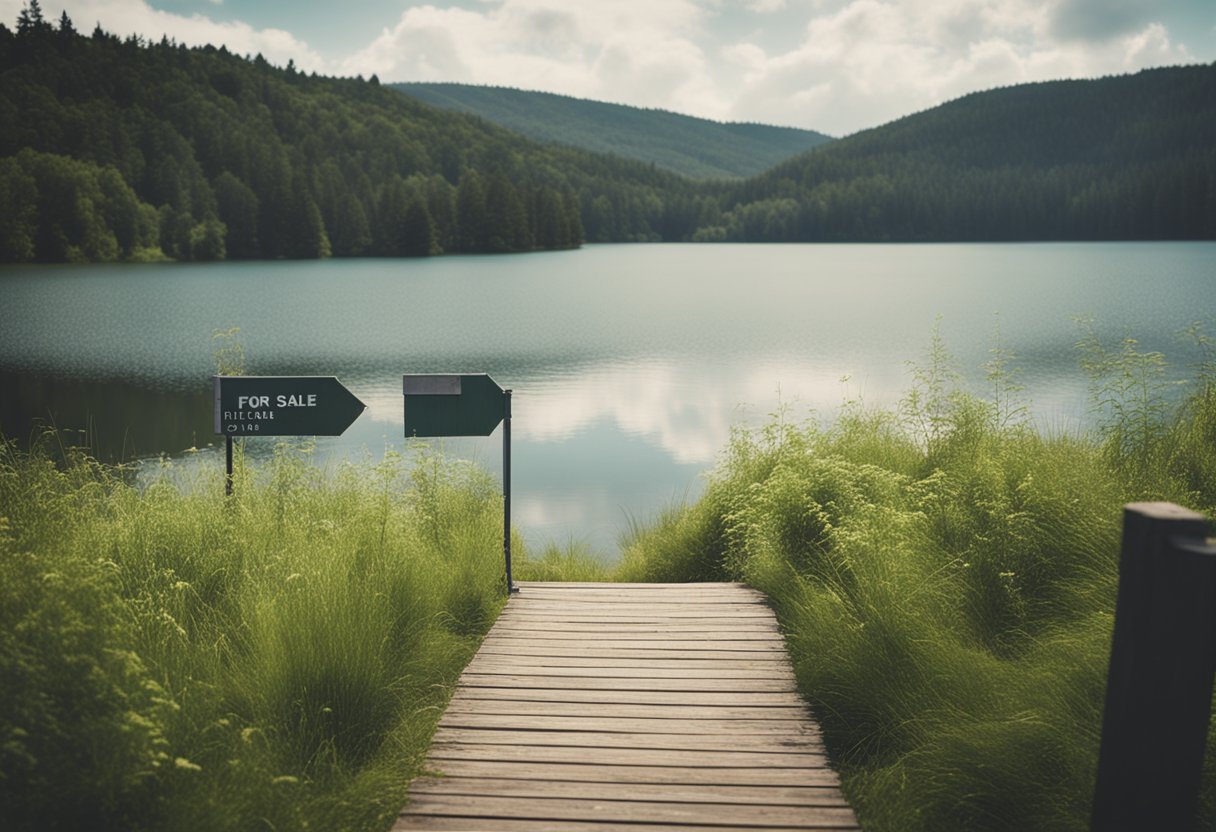 A serene private lake nestled among rolling hills and lush forests, with a "For Sale" sign at the water's edge