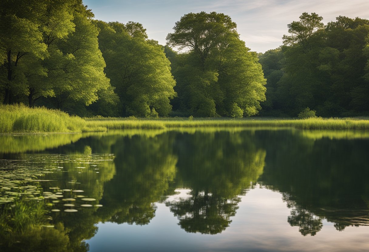 A serene private lake nestled in the Missouri countryside, surrounded by lush greenery and a peaceful atmosphere