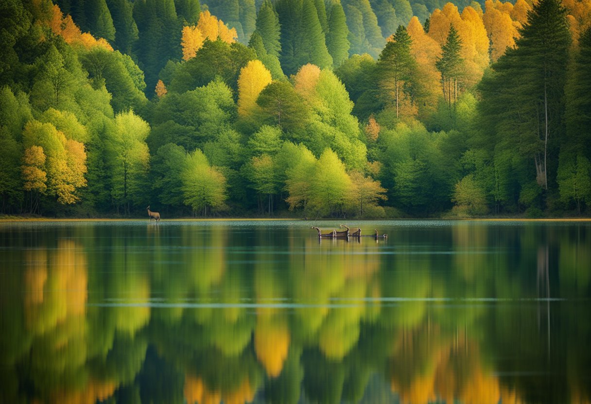 Lush forest surrounds a tranquil lake, reflecting the vibrant colors of the surrounding foliage. Wildlife abounds, with deer drinking from the water's edge and birds soaring overhead