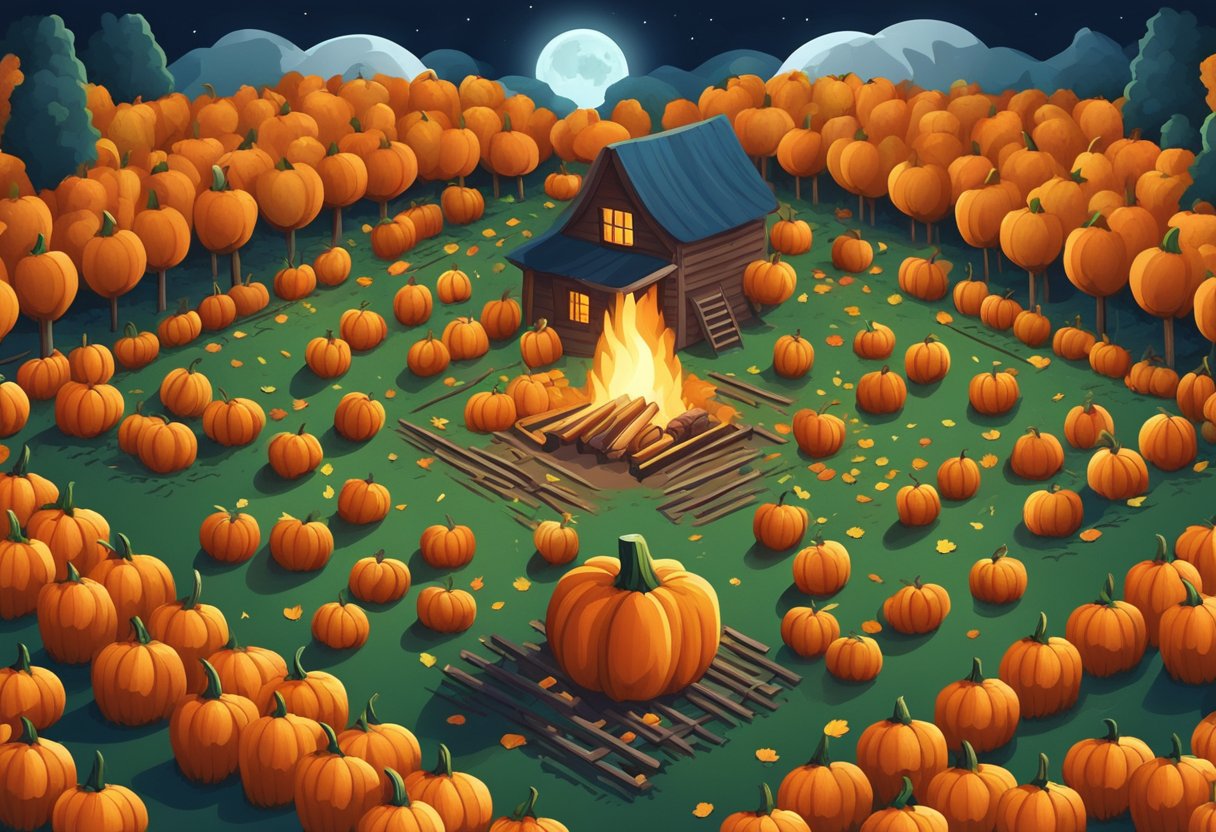 A pumpkin patch under a full moon, with colorful leaves scattered on the ground and a cozy bonfire crackling in the distance