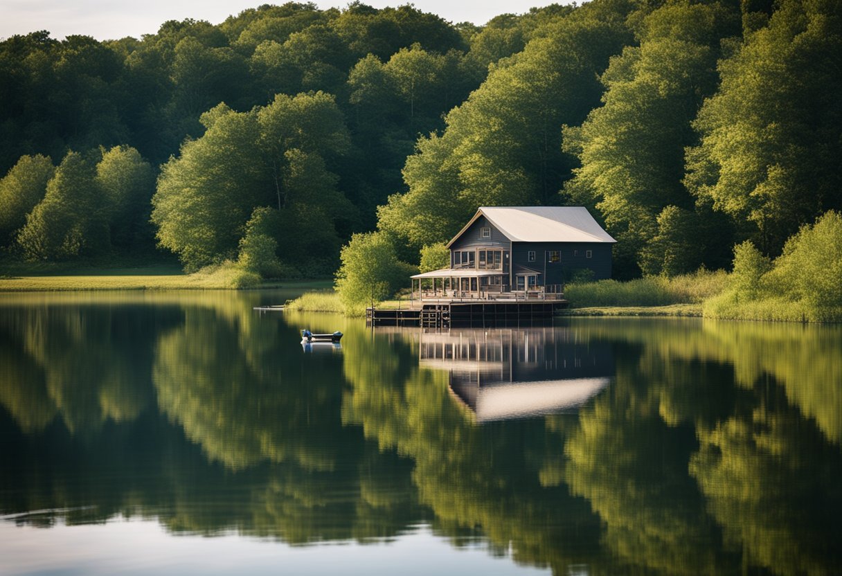 A serene private lake nestled in the Missouri countryside, surrounded by lush greenery and quaint lakeside cabins, with families enjoying fishing and boating activities