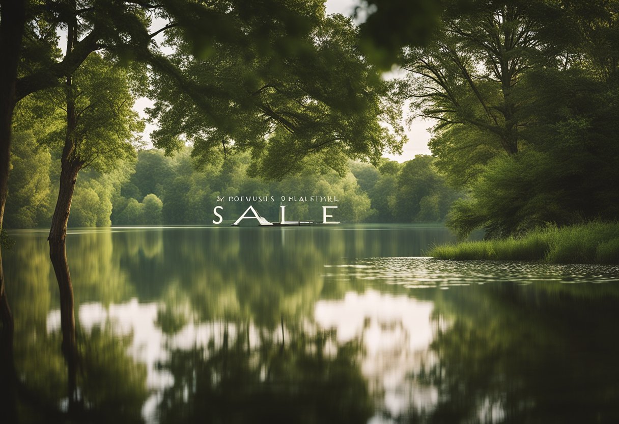 A serene private lake in Missouri, surrounded by lush greenery and gently rolling hills, with a "For Sale" sign at the water's edge