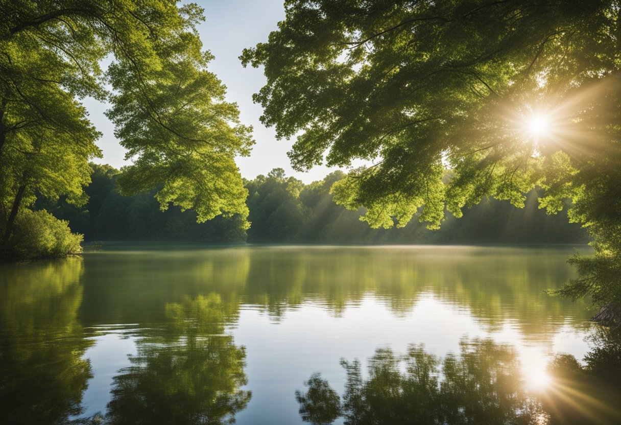 The sun shines brightly over the calm, crystal-clear waters of a private lake in Missouri. Lush green trees line the shore, and a gentle breeze ripples the surface, creating a peaceful and serene atmosphere