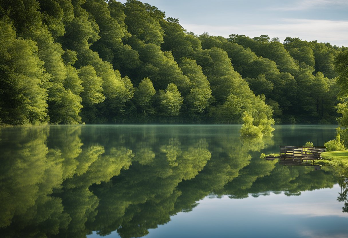 A serene private lake in Missouri, surrounded by lush greenery and calm waters, with a "For Sale" sign displayed prominently on the shore