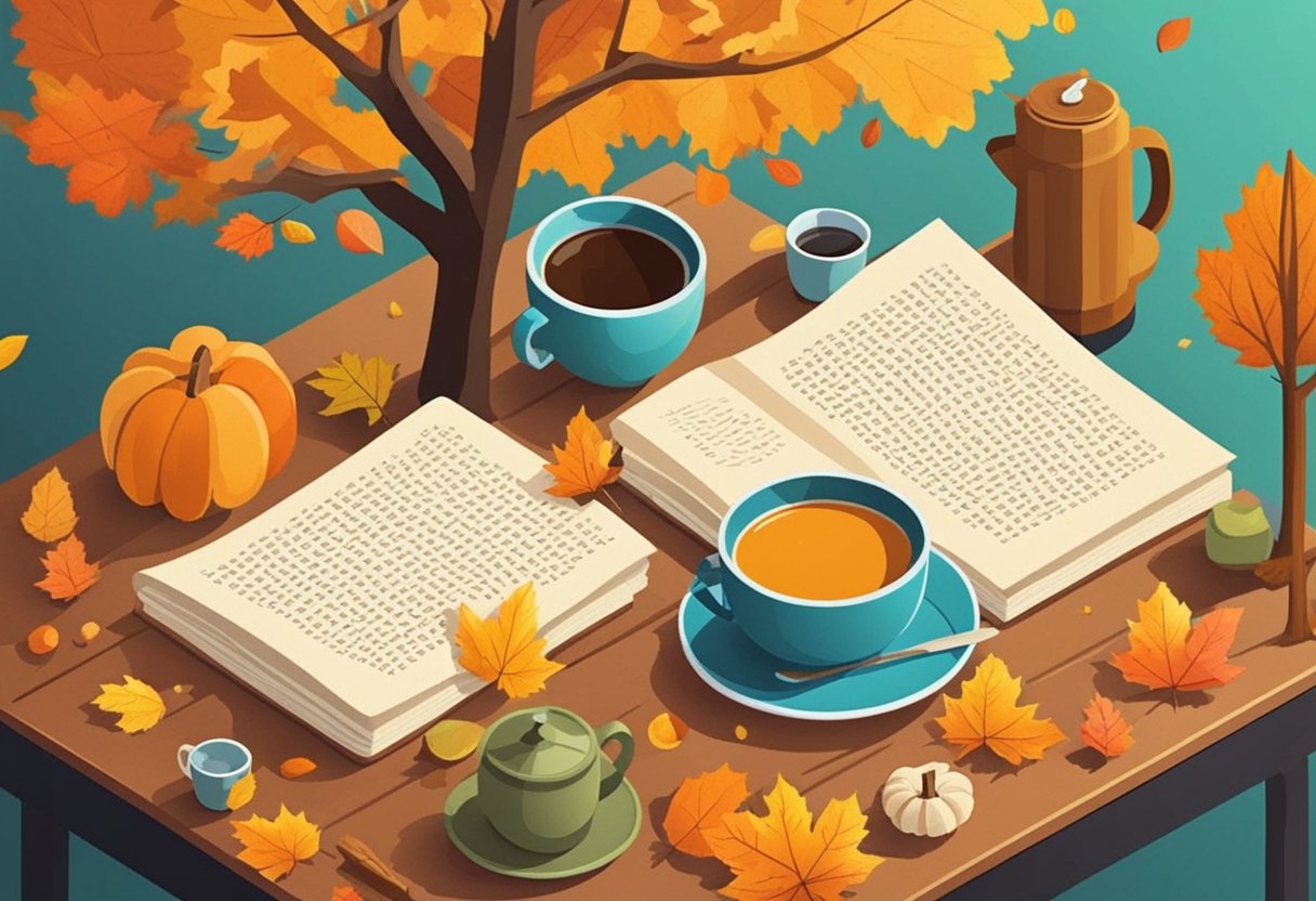 A cozy autumn scene with colorful leaves falling from the trees, a warm cup of tea steaming on a table, and a quote list titled "51 - 75 October Quotes."
