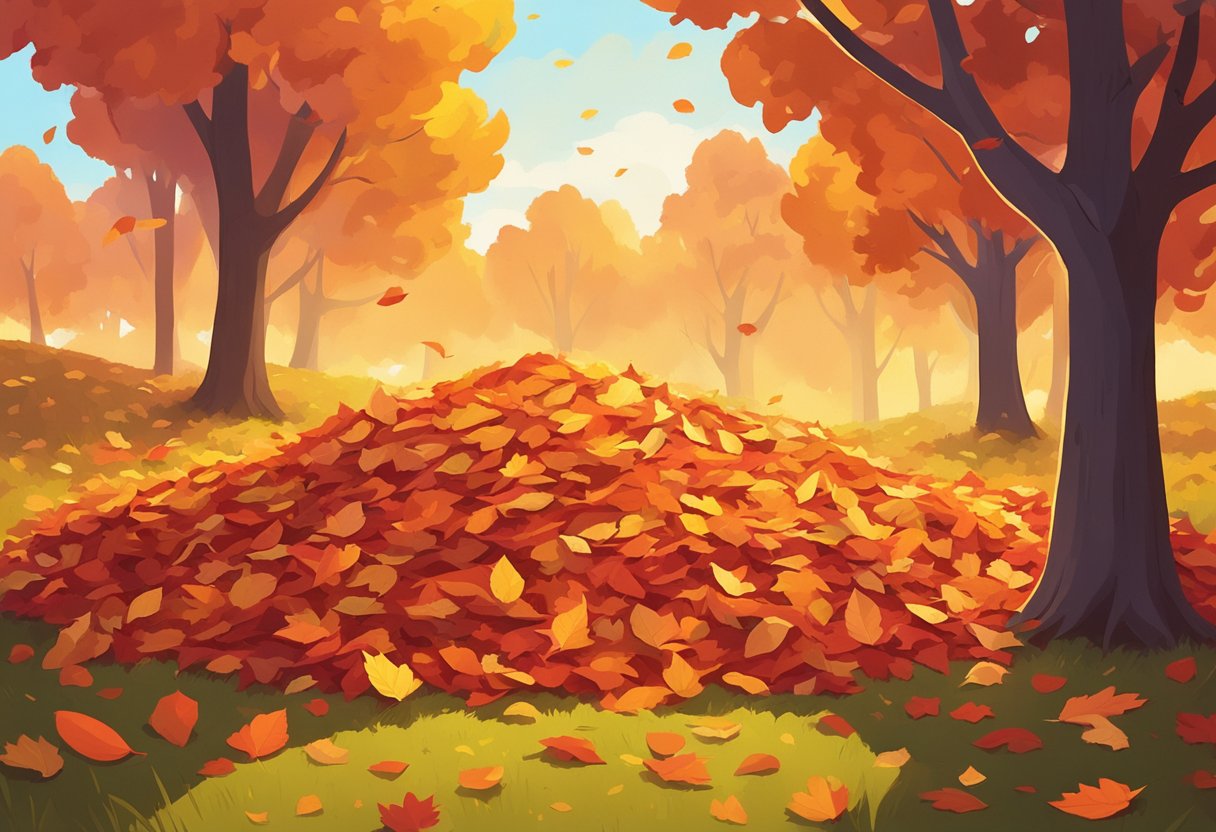 A pile of fallen leaves in various shades of red, orange, and yellow scattered across a grassy field with the soft glow of October sunlight filtering through the trees