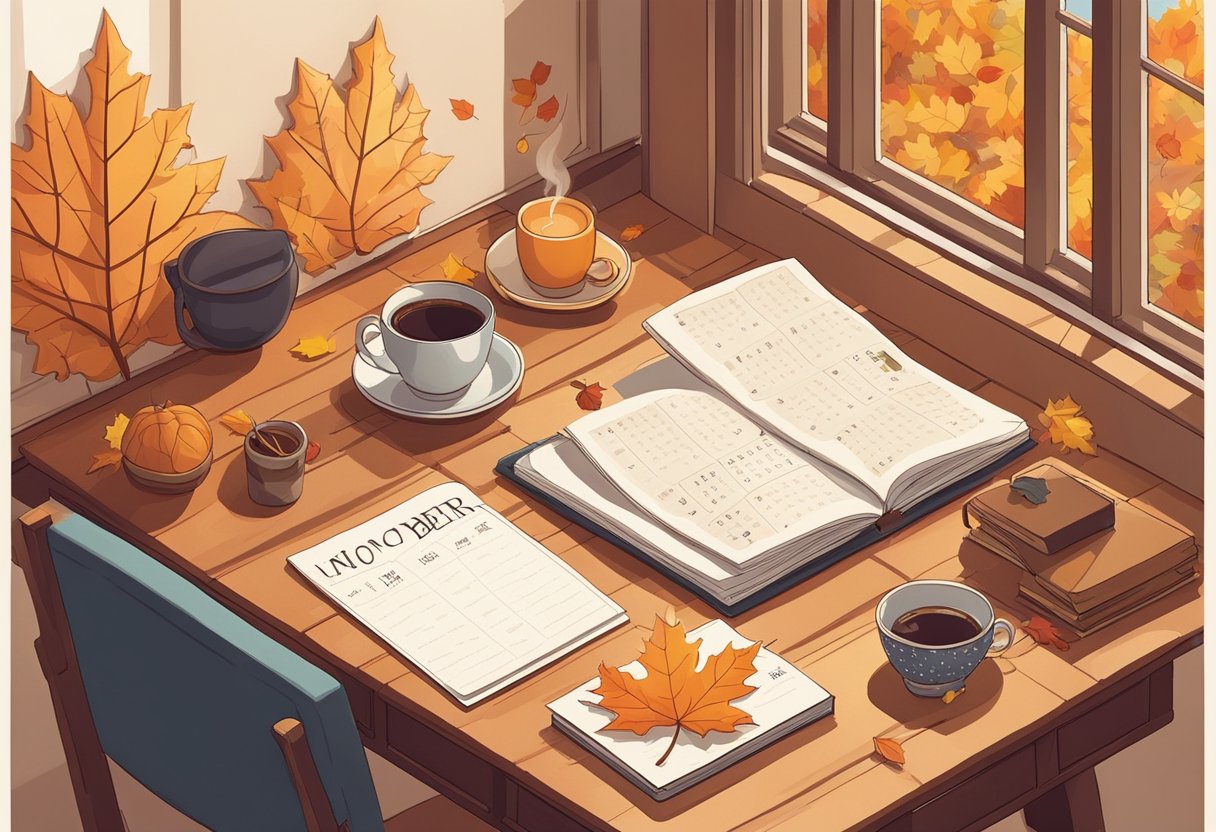 A cozy study with a desk covered in autumn leaves, a warm cup of tea, and a calendar displaying the month of November. A window lets in the soft light of a cloudy day
