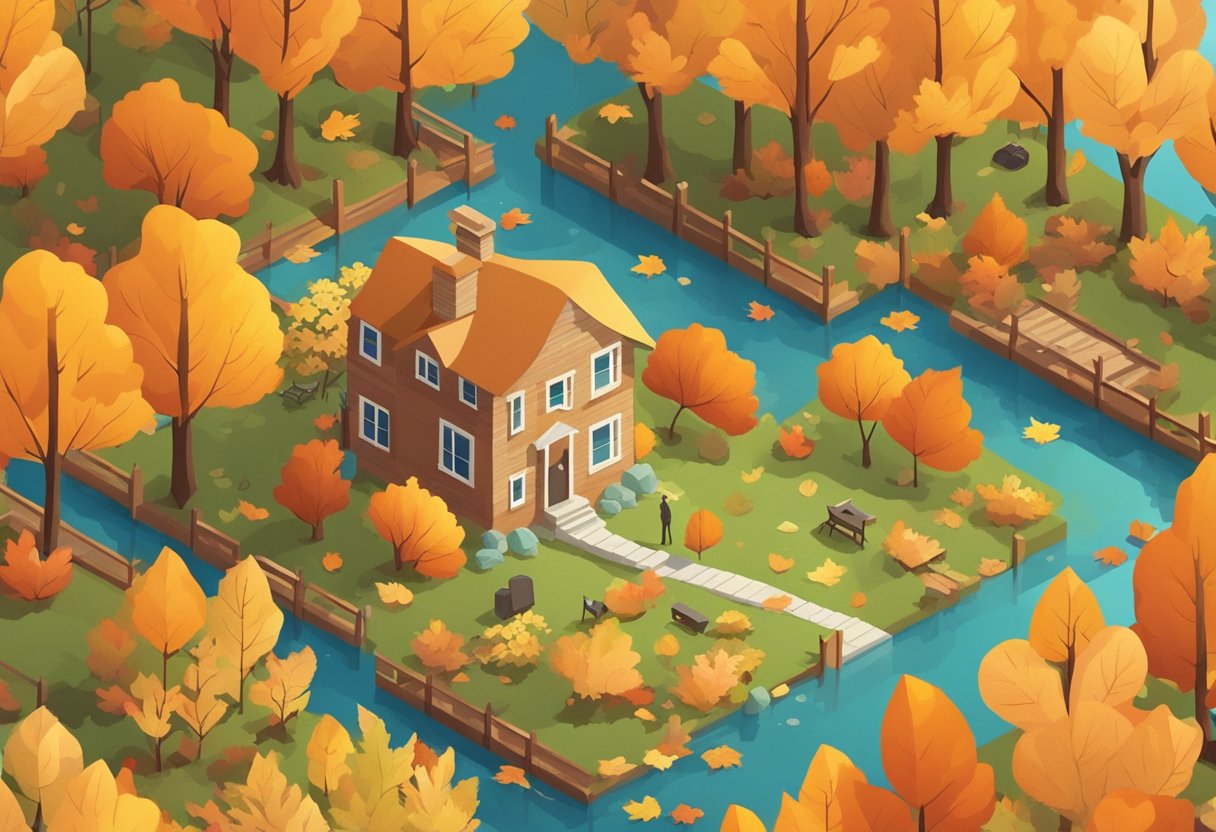 A cozy November scene with falling leaves, warm colors, and a sense of gratitude and reflection