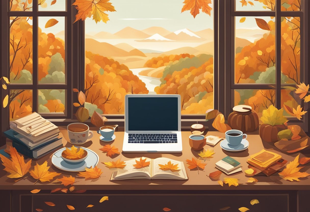A cozy, autumn-themed study with a desk covered in fallen leaves and a warm cup of tea. A window shows a serene, golden landscape