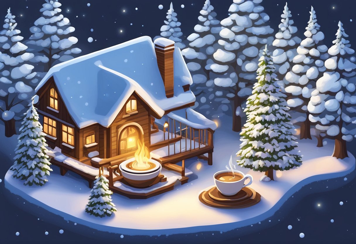 Snow-covered trees with twinkling lights, a cozy fireplace, and a steaming cup of hot cocoa on a table