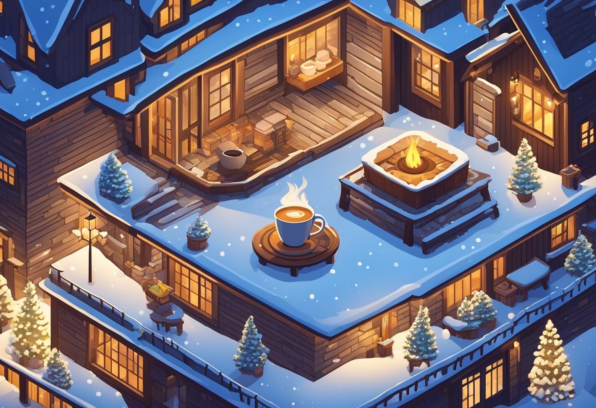 A cozy, winter-themed scene with snowflakes falling gently, a warm cup of hot cocoa steaming on a table, and a crackling fireplace in the background
