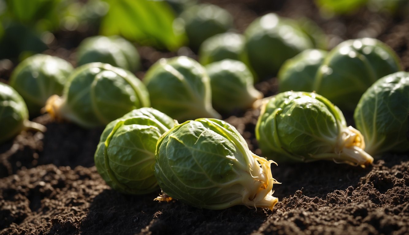 Brussel sprouts thrive in cool, moist environments. Illustrate a garden with healthy sprouts, surrounded by natural pest and disease control methods