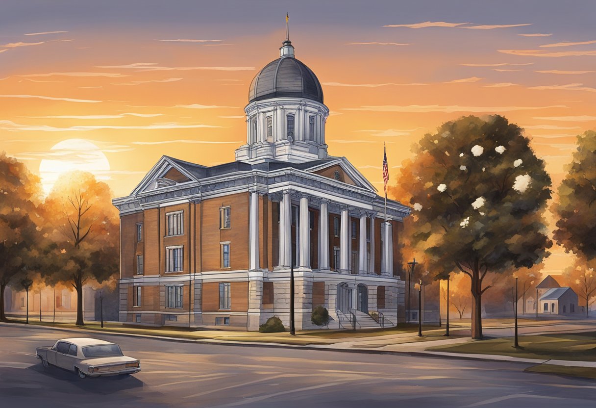 The sun sets behind the old Sandusky courthouse, casting a warm glow over the cobblestone streets. The historic buildings stand tall, their intricate architecture telling stories of the past