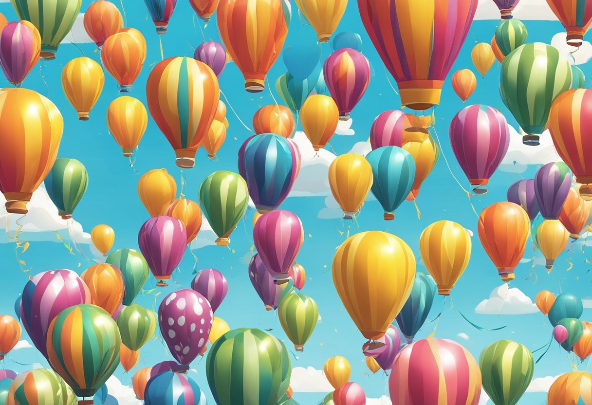 A group of colorful balloons floating in the air, with vibrant streamers trailing behind, and the sun shining brightly in the background