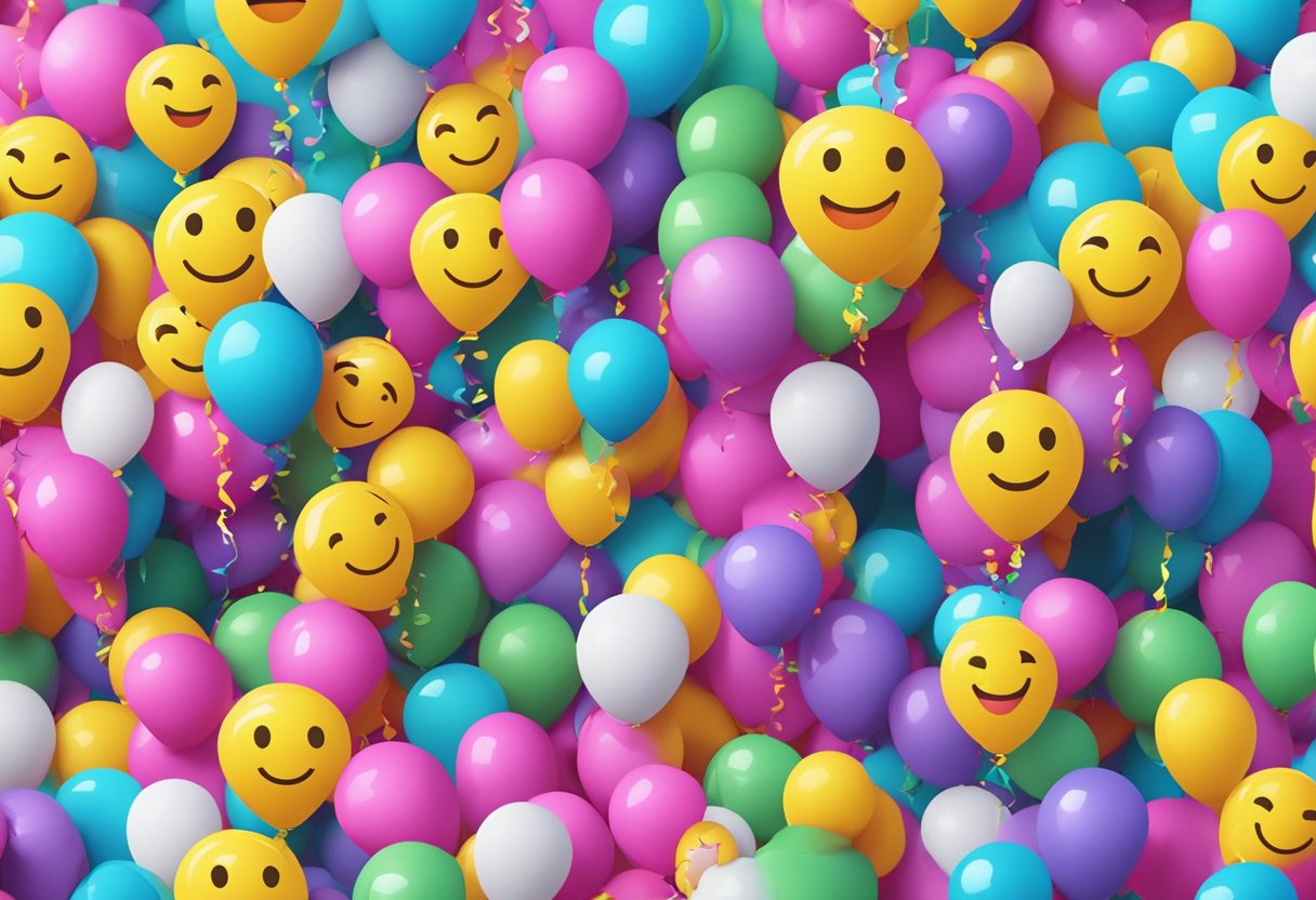 A vibrant scene with colorful balloons, confetti, and smiling emojis floating in the air, evoking a sense of happiness and positivity