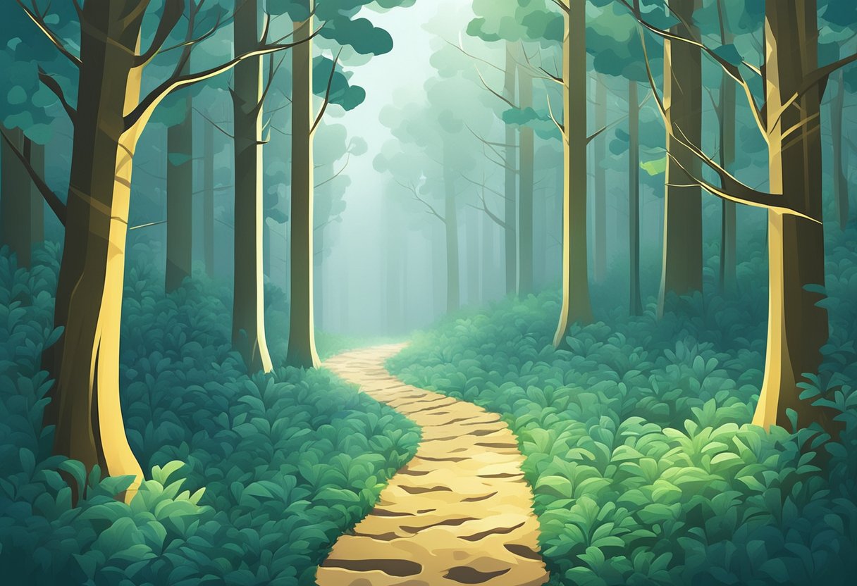 A trail of footprints leads into a misty forest, with a bright light shining through the trees ahead
