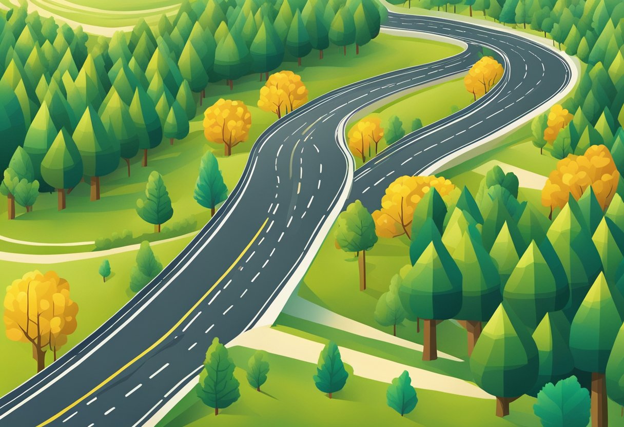 A winding road stretches ahead, disappearing into the distance. The path is lined with vibrant trees and rolling hills, symbolizing progress and growth