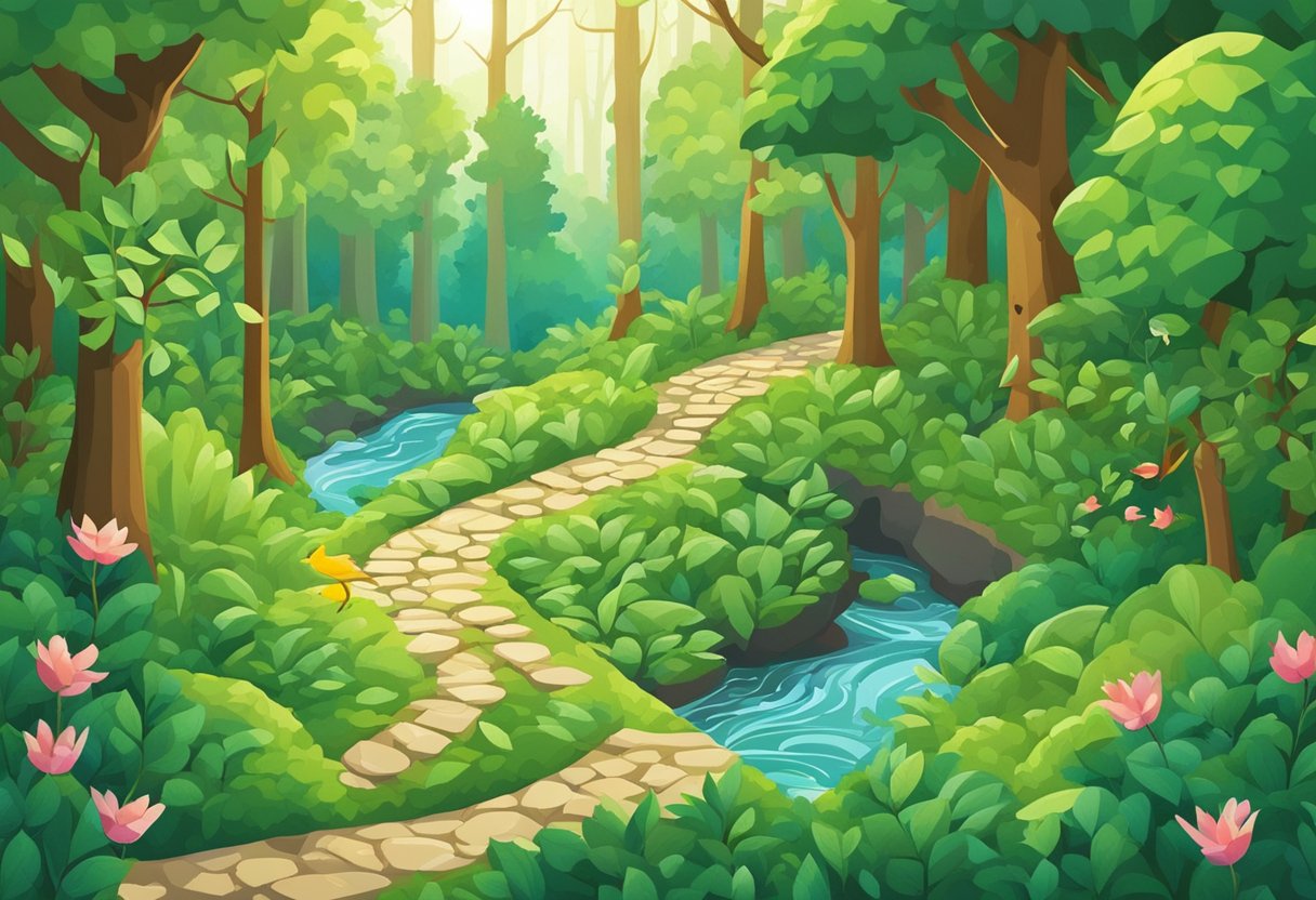 A path winds through a lush forest, sunlight filtering through the leaves. A stream gurgles nearby, and birds flit between the branches