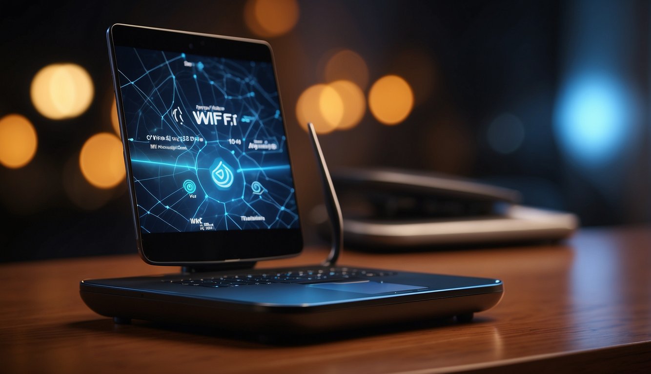 A wireless device with a glowing wi-fi logo, indicating connectivity and signal strength