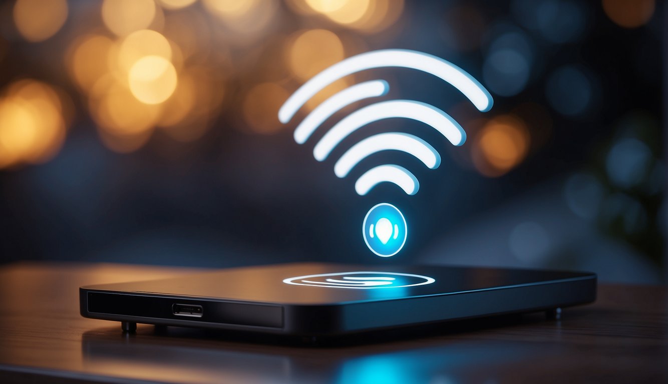 A glowing Wi-Fi logo hovers above a sleek, modern device, emitting signal waves in all directions