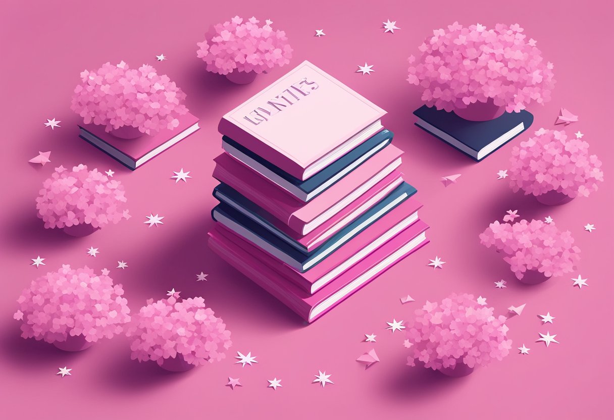 Pink quotes float above a stack of books, surrounded by delicate flowers and twinkling stars