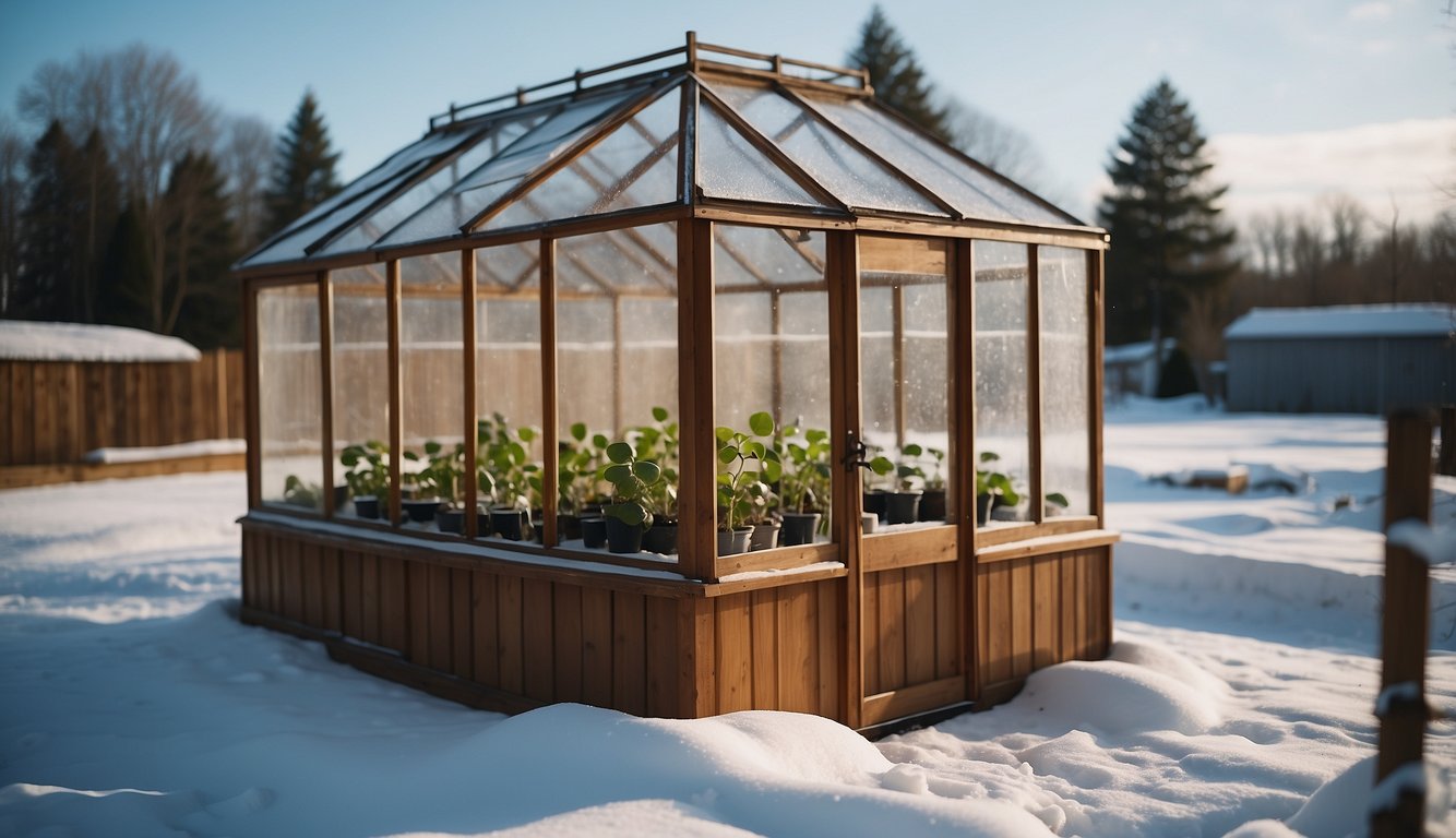 A wooden greenhouse stands in a snowy yard, with a clear plastic roof and shelves holding potted plants. Snow covers the ground and a small DIY sign hangs on the door