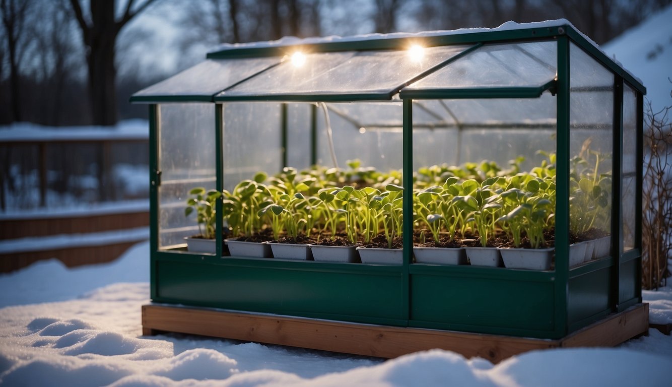 A small, insulated greenhouse with a thermostat-controlled heater and heat lamps, surrounded by potted plants and trays of seedlings. Outside, snow covers the ground, but inside, the air is warm and humid