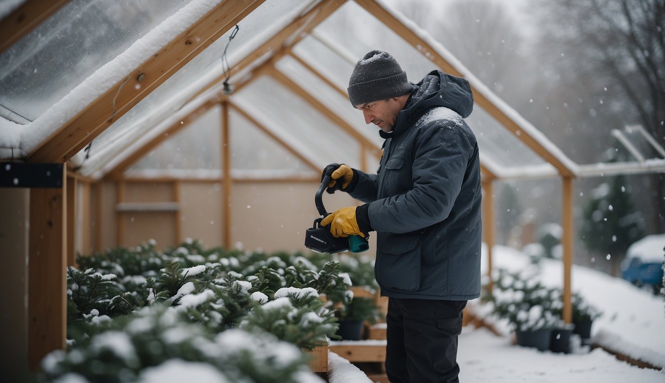 A person assembling a winter greenhouse, securing panels and insulating with foam. Tools and materials scattered around. Snow falling outside