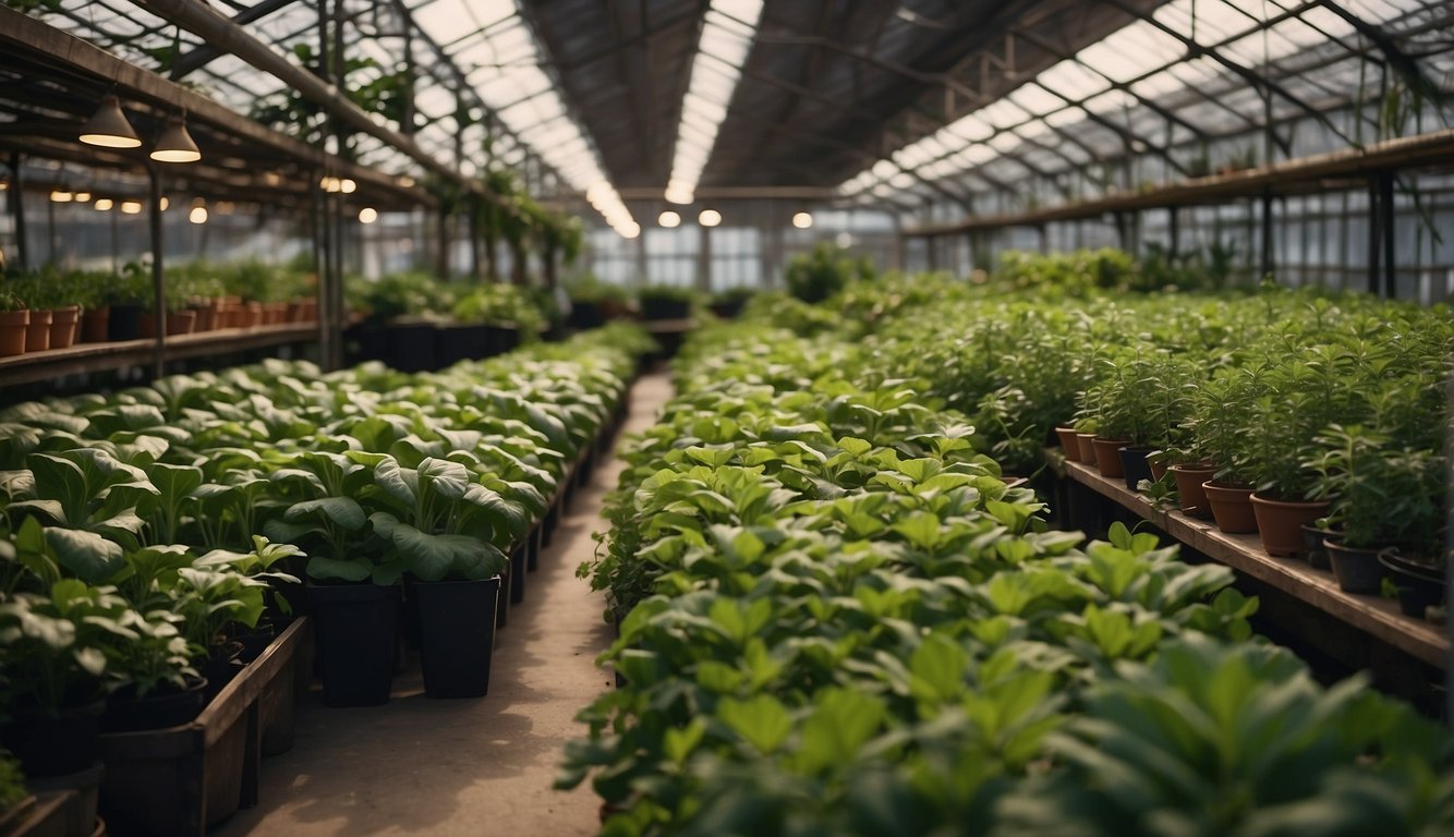 Lush green plants thrive in a cozy winter greenhouse, surrounded by shelves of potted herbs and rows of leafy vegetables under warm grow lights