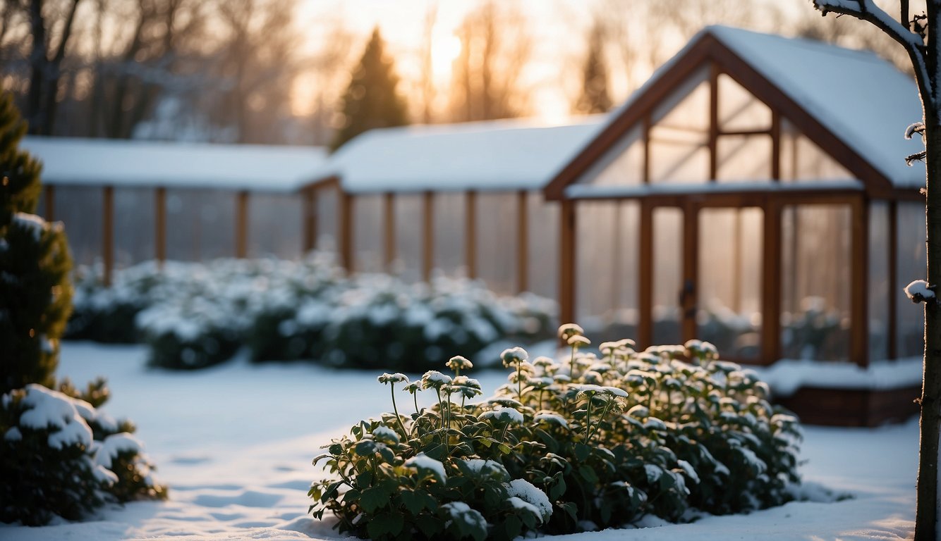 A sturdy wooden greenhouse stands in a snow-covered garden. A small heater hums inside, keeping the plants warm and thriving in the winter chill