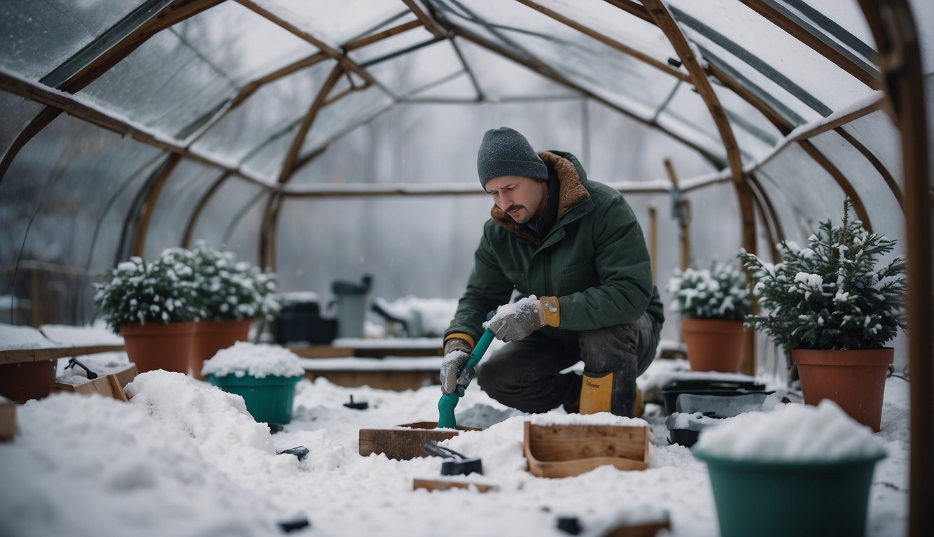 Snow-covered greenhouse with tools and materials scattered around. A person working on insulation and repairs. Snow falling outside