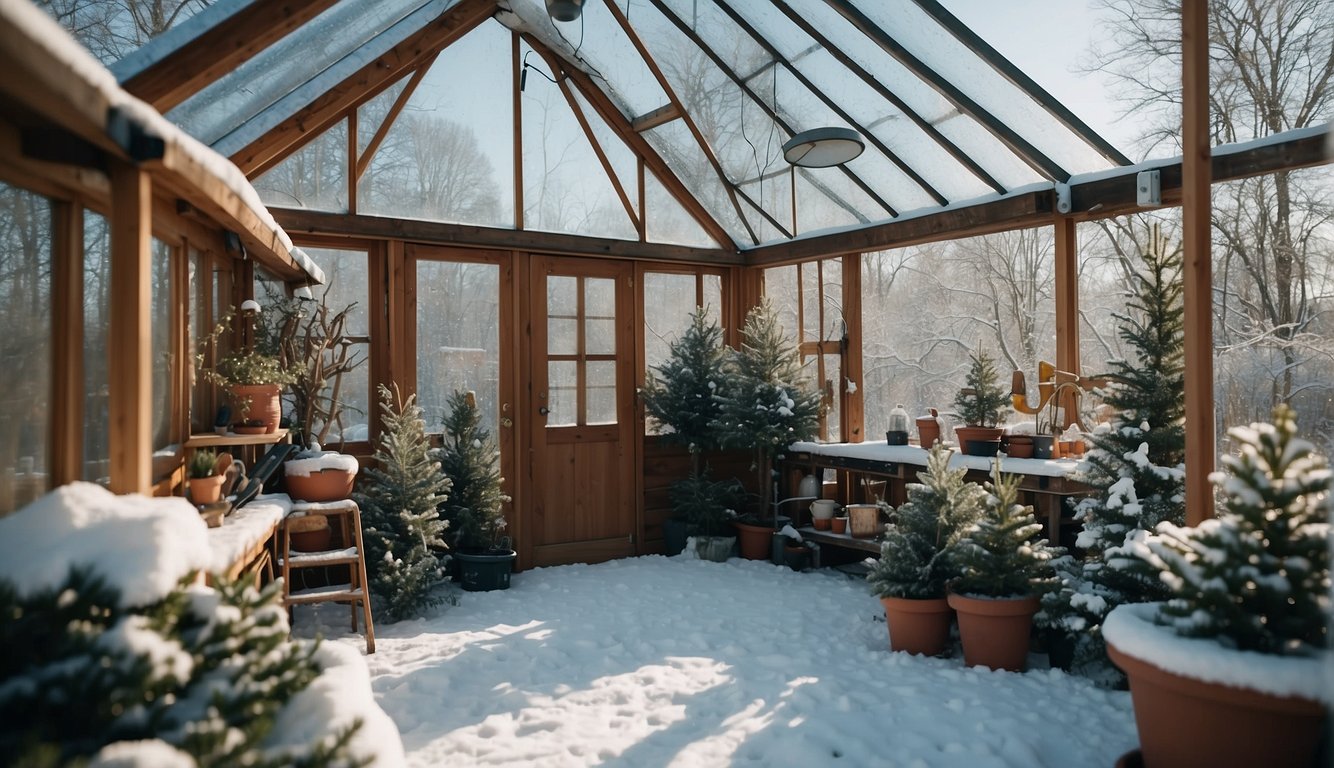 A cozy winter greenhouse with DIY materials and tools scattered around, surrounded by snow-covered trees and a clear blue sky