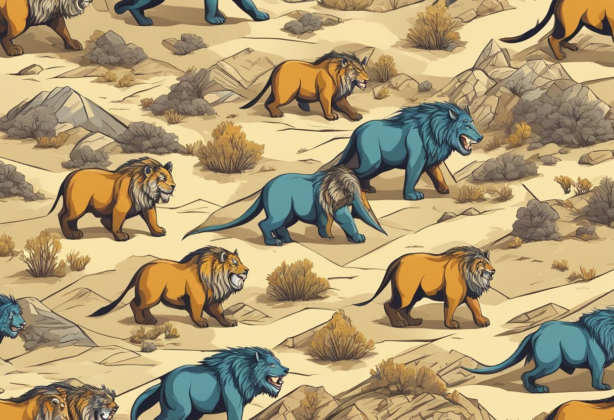 Fierce animals facing off in a barren landscape, growling and baring their teeth