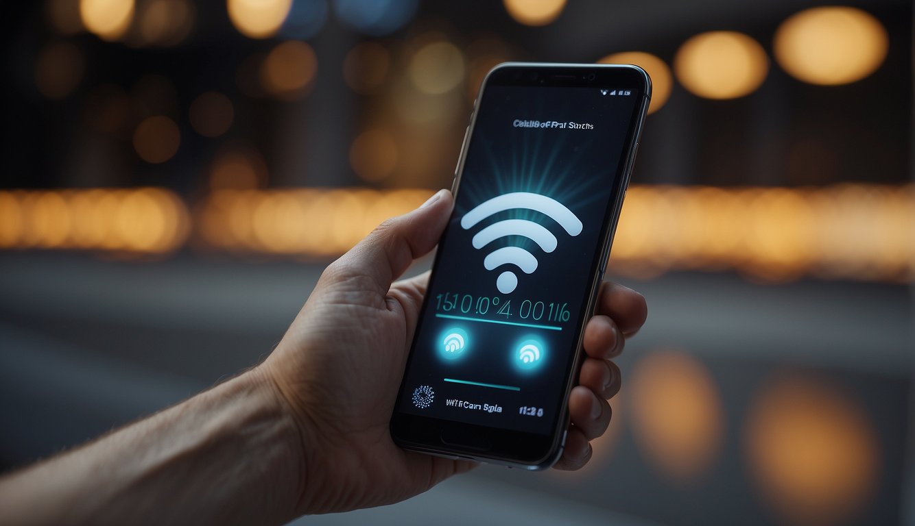 A smartphone automatically switches to cellular data when Wi-Fi signal is weak, depicted by a phone icon with Wi-Fi signal bars transitioning to cellular signal bars