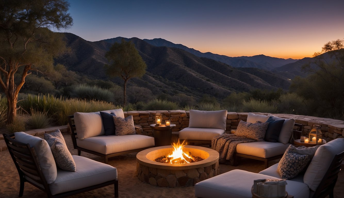 A luxurious tent nestled in the scenic Santa Barbara hills, with a cozy firepit and elegant outdoor furniture under the starry night sky