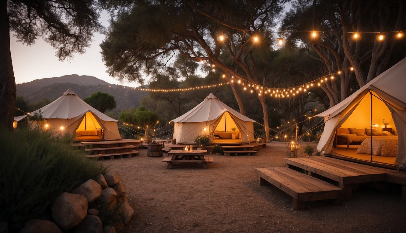 A cozy glamping site in Santa Barbara, with luxurious tents nestled among tall trees and twinkling fairy lights. The sun sets over the mountains, casting a warm glow over the serene setting