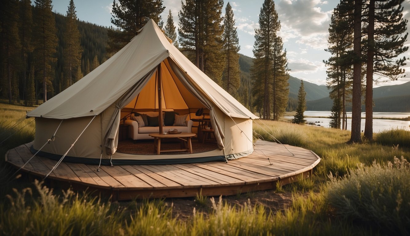 A cozy glamping tent nestled in the picturesque landscape of Yellowstone, surrounded by towering trees and a flowing river