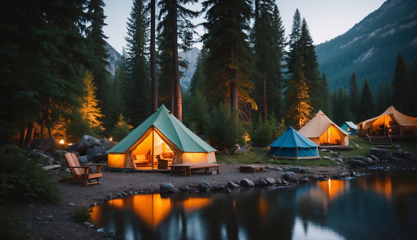 Colorful tents nestled among tall trees, with a backdrop of majestic mountains and a winding river. Nearby, a crackling campfire and cozy seating area invite relaxation and connection with nature