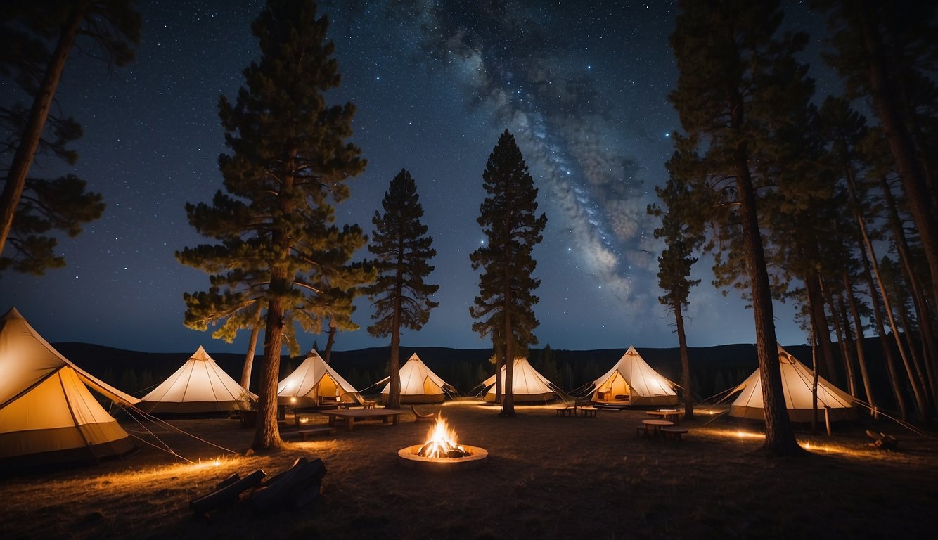 A cozy glamping site in Yellowstone, with luxurious tents nestled among tall trees, a crackling campfire, and a starry night sky overhead