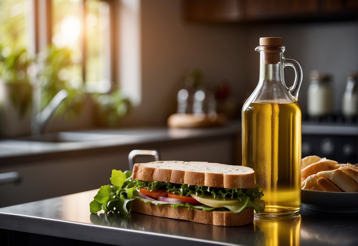 A bottle of oil and vinegar sits on a kitchen counter, with a sandwich in the background