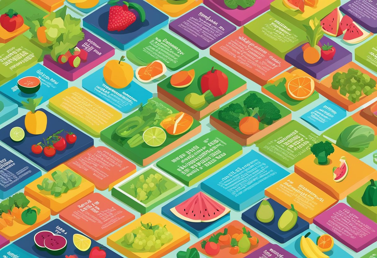 A collection of 25 health quotes displayed on a vibrant bulletin board, surrounded by colorful illustrations of fruits, vegetables, and exercise equipment