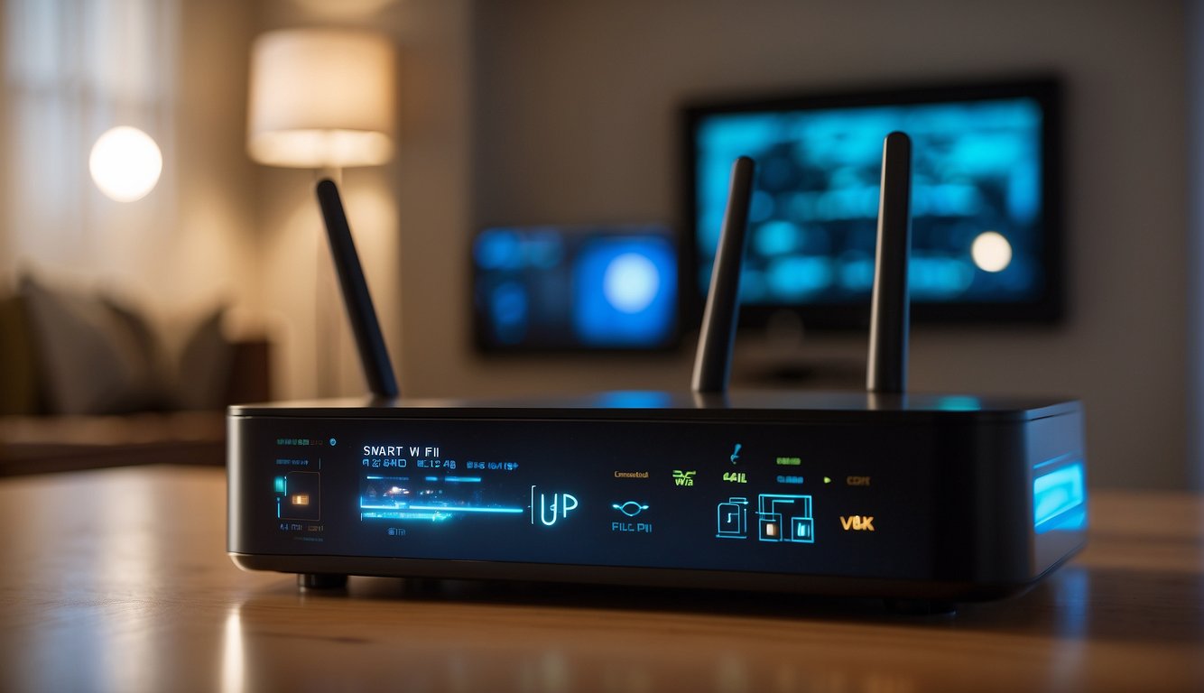 A glowing router emits signals to various devices in a modern home, with the words "smart wi-fi" displayed on the screen
