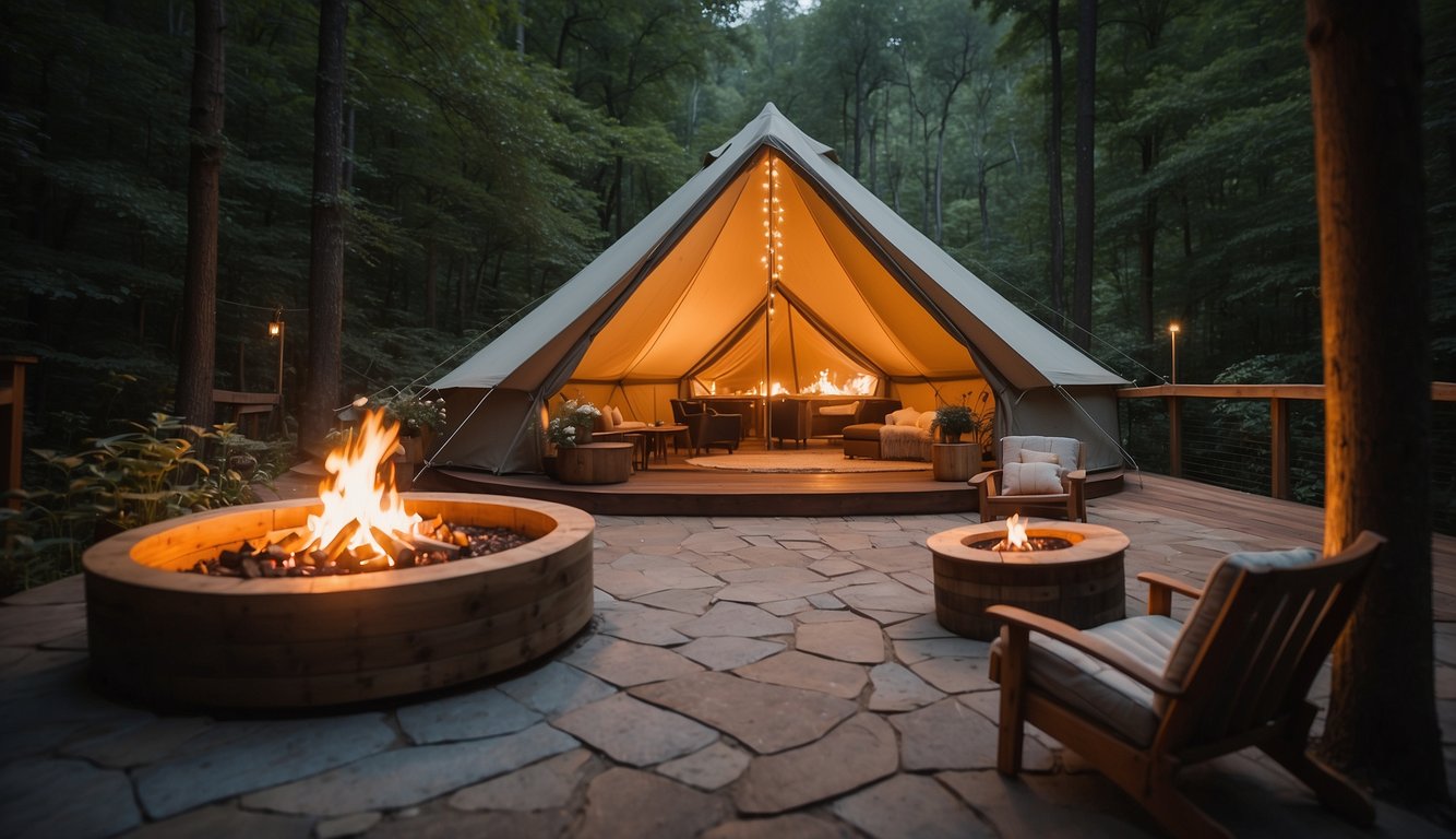 A luxurious glamping tent nestled in the lush forests of Gatlinburg, with a cozy fire pit, string lights, and a bubbling hot tub under the stars