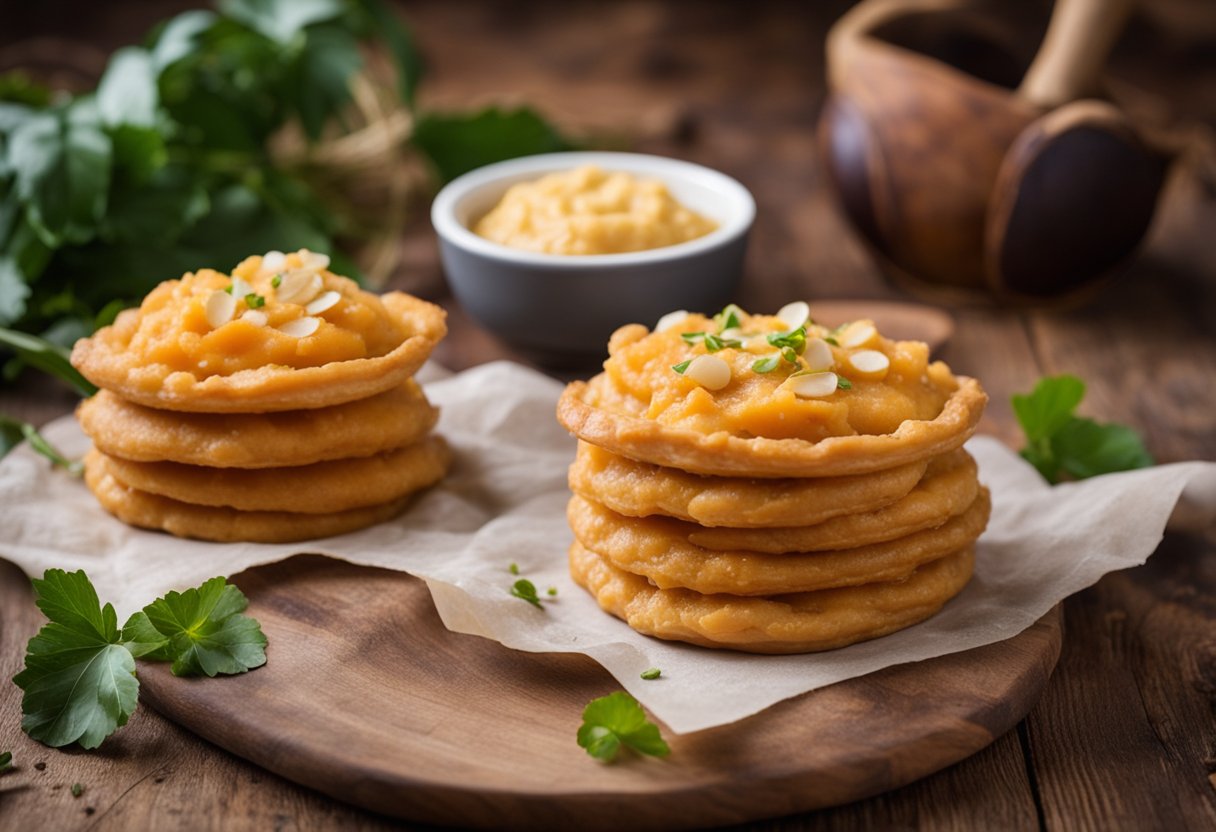 A golden-brown Empadão de Palmito sits on a rustic wooden table, with a flaky crust and a creamy filling of palm hearts and sweet potato mash