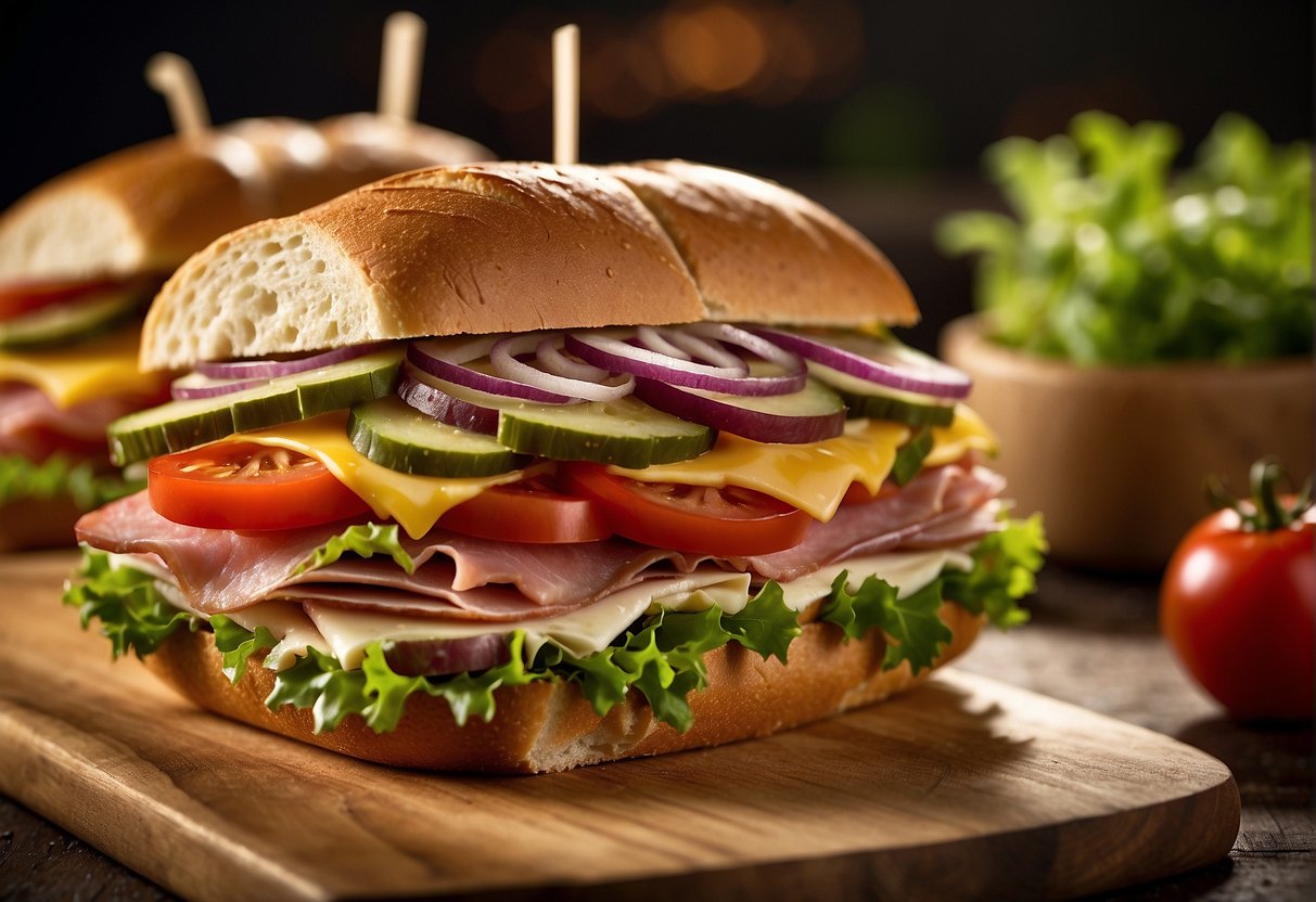 A fresh sub sandwich with layers of deli meats, cheese, lettuce, tomatoes, onions, and peppers, drizzled with oil and vinegar on a soft, golden-brown roll