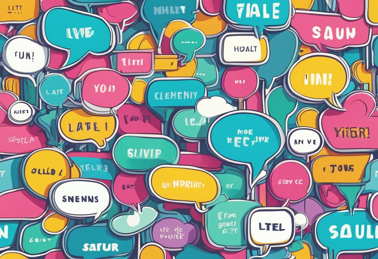 A collection of colorful, whimsical speech bubbles with short, cute quotes floating in the air